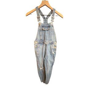 Zara Girls Denim Distressed Overalls 11/12Y Adjustable Straps Light Wash Casual
